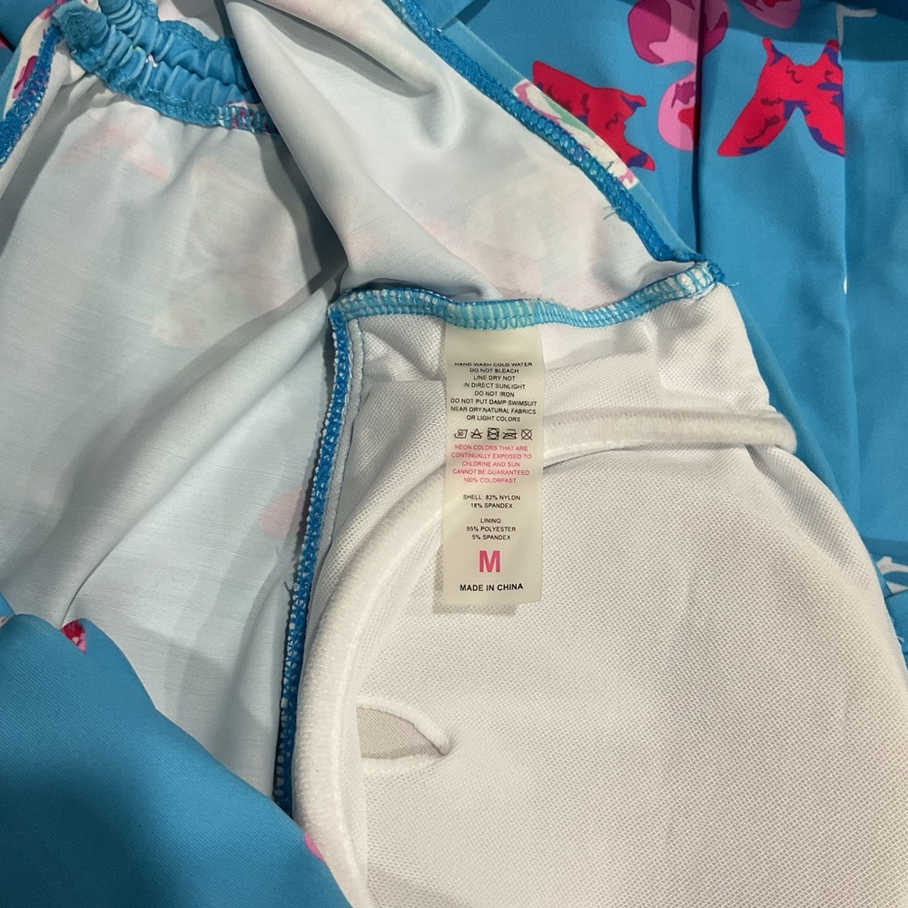 Suit swim dress with built-in shorts in blue w/ pink, green, white butterflies M - Picture 9 of 10